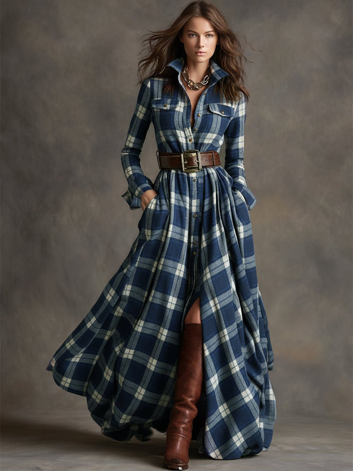 Robe asymétrique motif carreaux style britannique, manches longues, chic et sophistiquée pour femme.