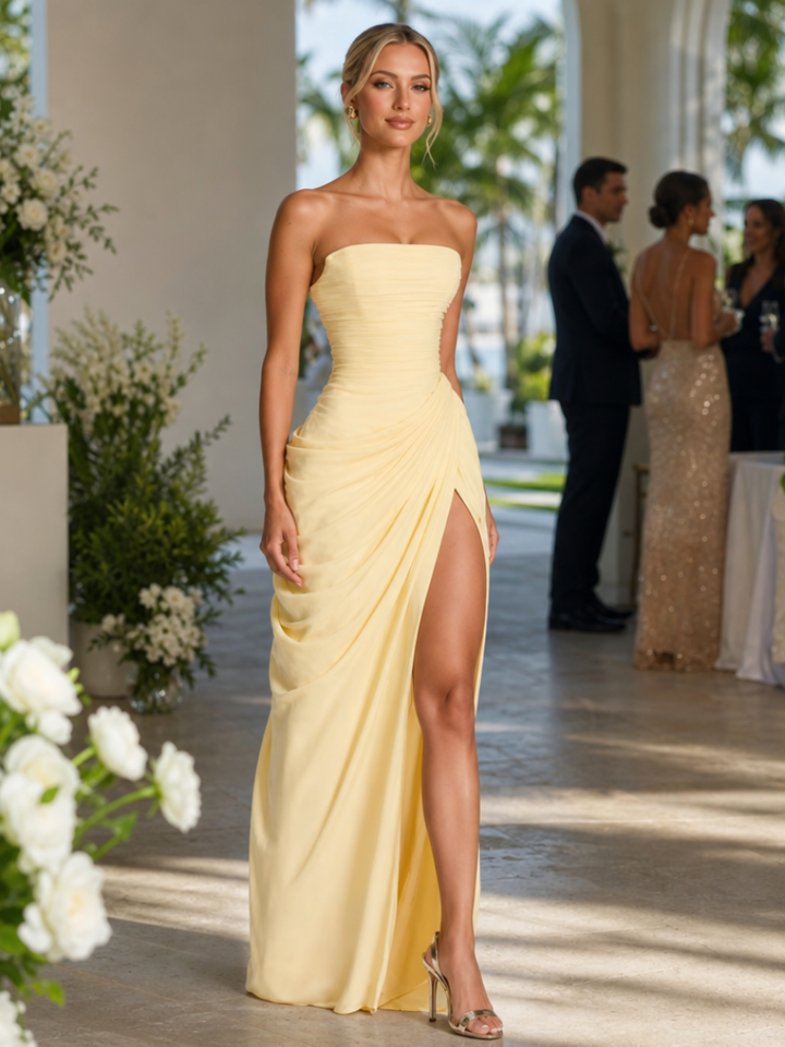 Robe bustier maxi élégante coupe colonne pour femme, idéale soirée ou événement spécial.