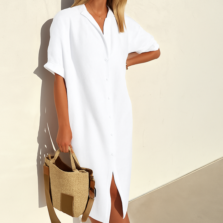 Robe-chemise ample et élégante pour femme. Confort léger, style décontracté chic, robe midi parfaite pour l'été.