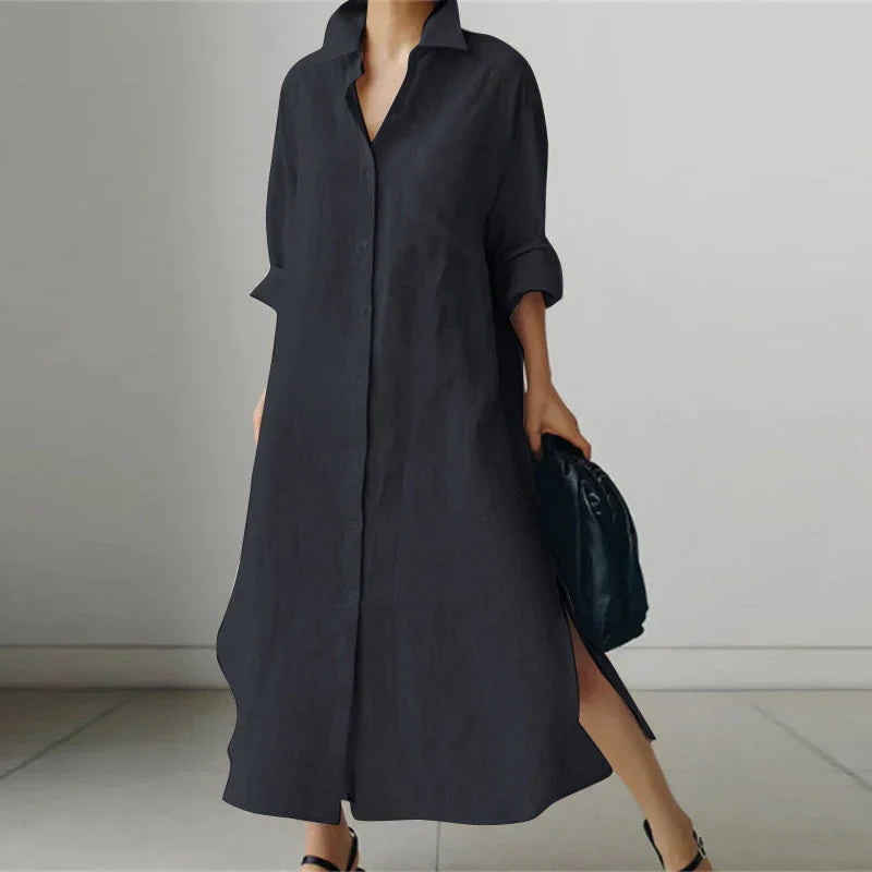 Robe chemise maxi femme polyvalente, décontractée ou chic, avec manches longues. Confort et style moderne.