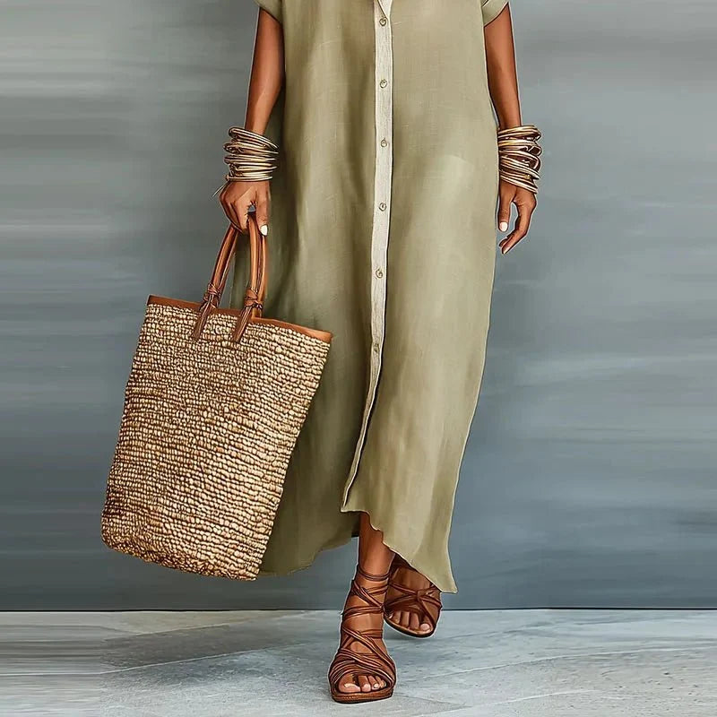 Vêtement femme chic: robe chemise longue, polyvalente pour l'été, du bureau à la plage.