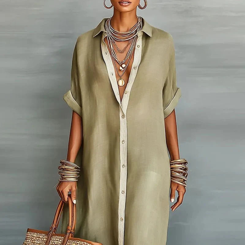 Robe longue chemise femme fluide, design élégant pour des journées d'été décontractées.