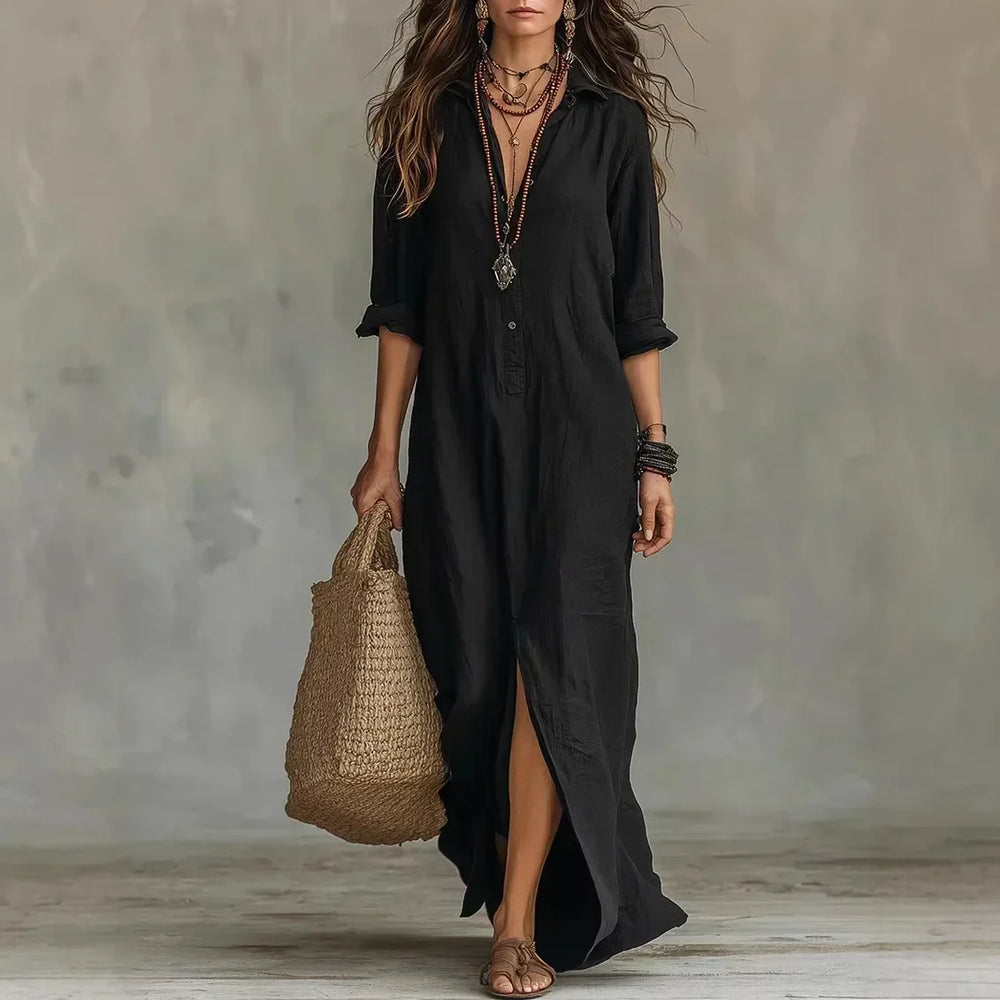 Robe longue fluide femme, confort optimal pour une tenue de bureau élégante ou look décontracté chic.