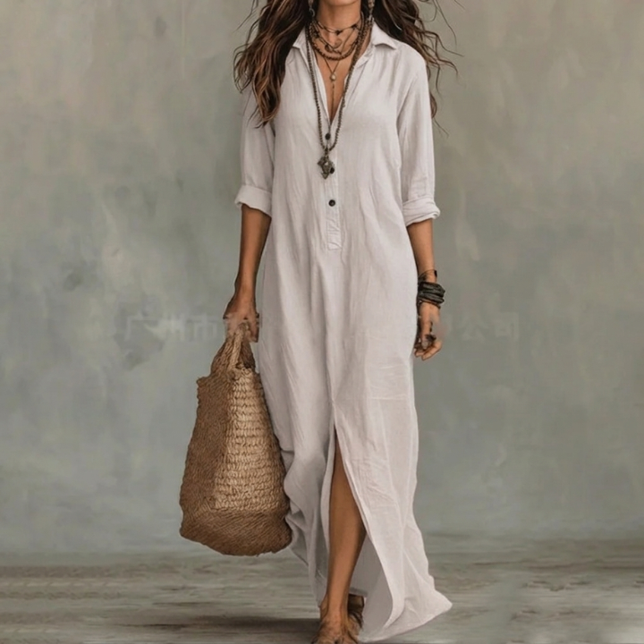 Robe chemise longue femme, élégance décontractée pour le bureau, le printemps ou l'été. Chic et confortable.