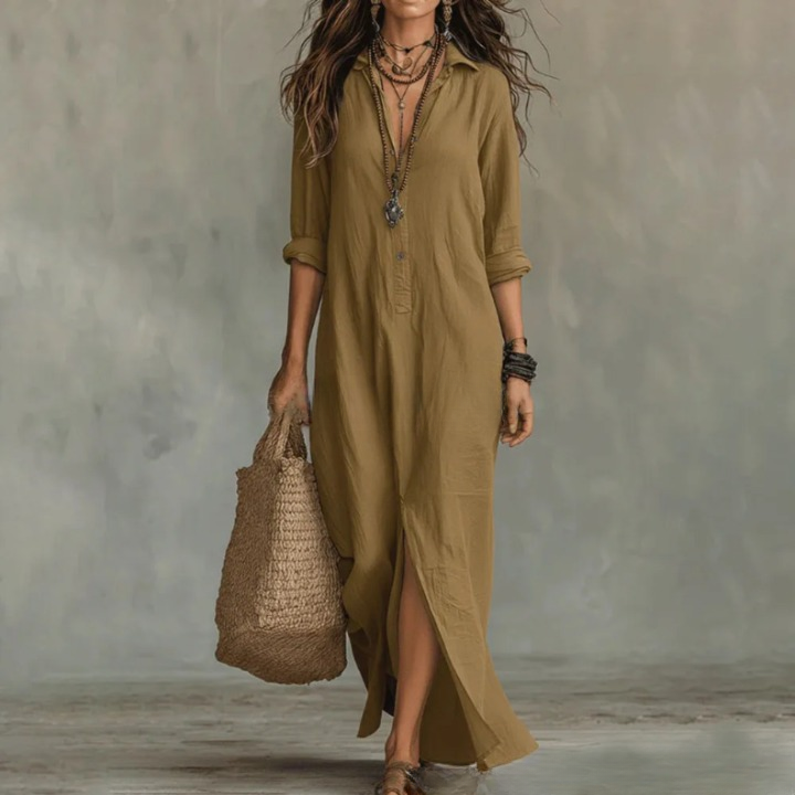 Robe chemise longue fluide pour femme, coupe élégante, idéale pour un look décontracté ou tenue de bureau chic.