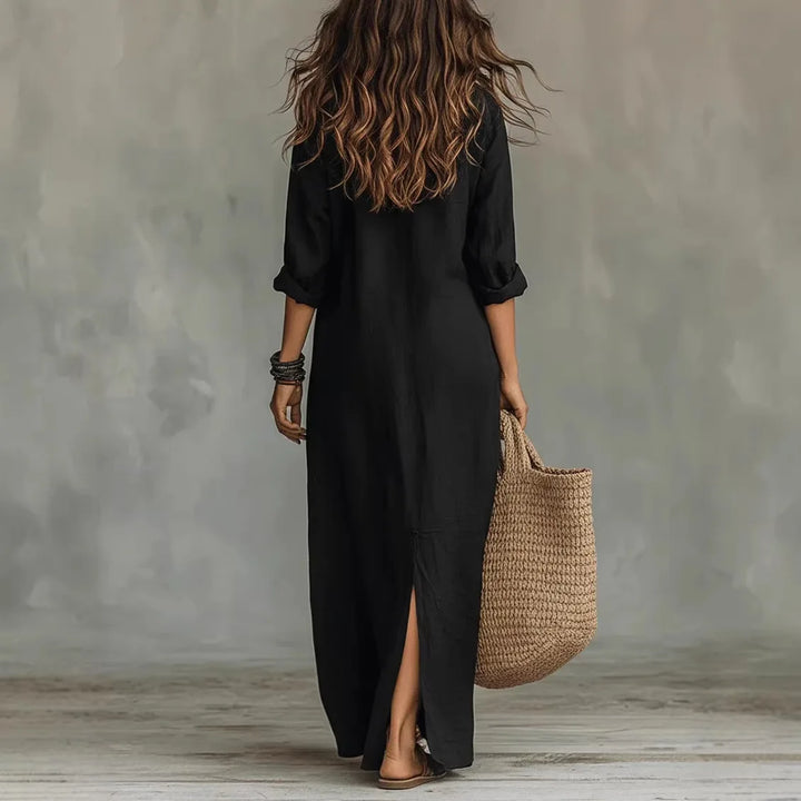 Robe-chemise longue fluide femme, chic et confortable. Parfaite pour une élégance décontractée au bureau ou en été.