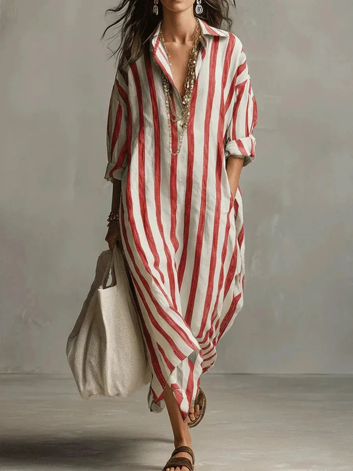 Mode femme: robe longue rayée ample, style chemise décontracté et élégant, parfaite pour la saison chaude, avec poches.