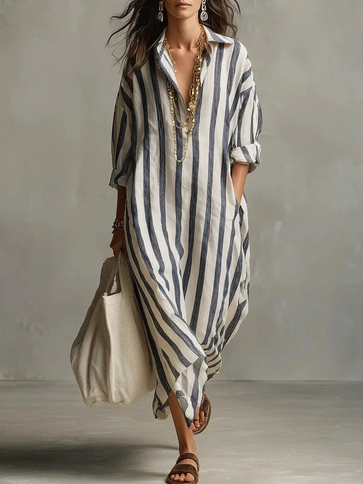 Robe chemise longue femme à rayures, style ample et décontracté, parfaite pour l'été avec ses poches pratiques.