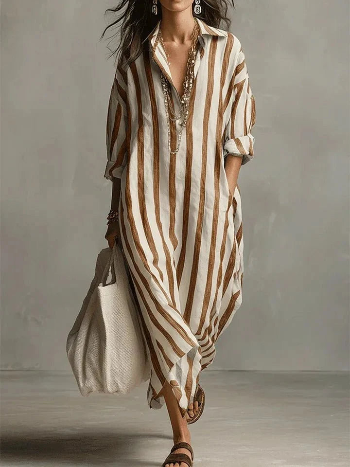 Robe midi femme confortable et ample, motif rayures classiques, style chemise avec poches, idéal printemps-été.