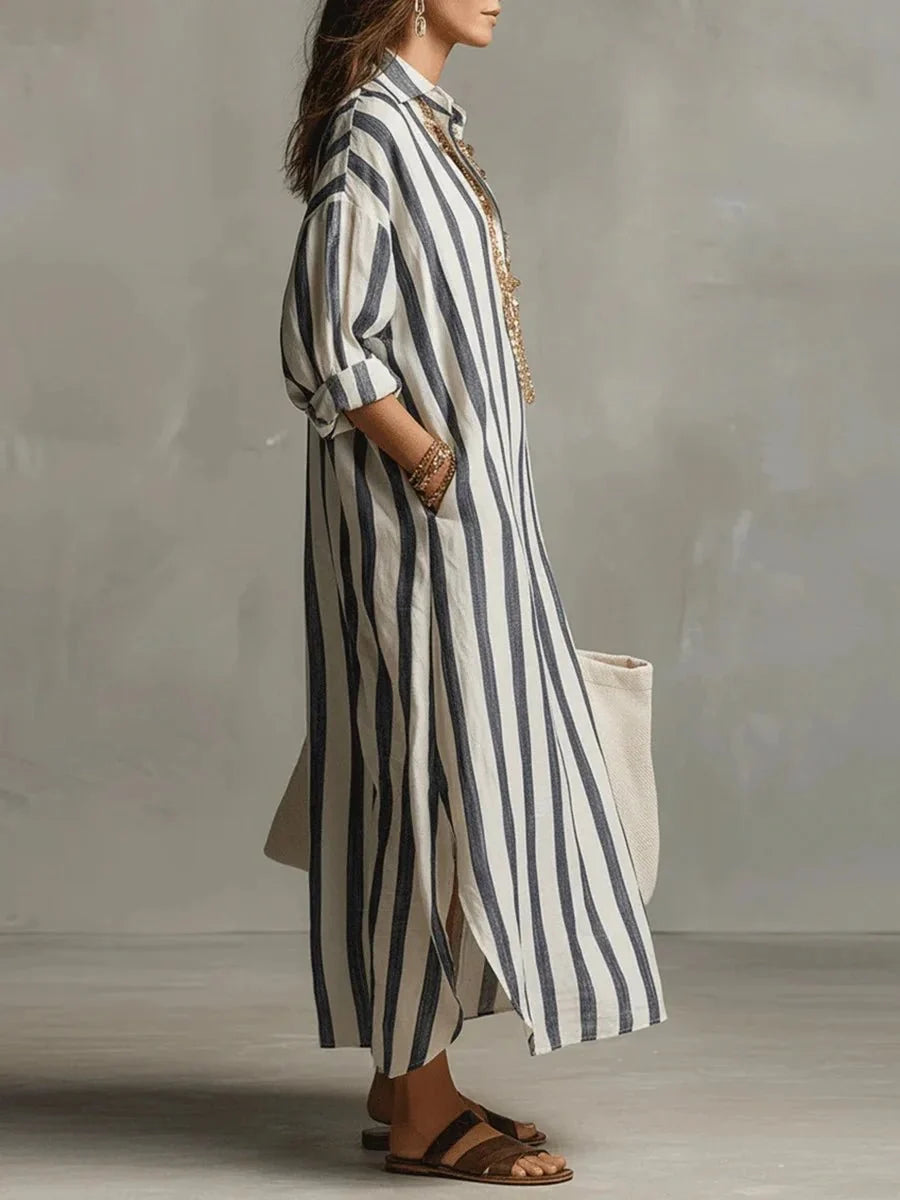 Robe midi femme à rayures verticales, coupe ample et élégante, idéale pour le printemps-été, avec poches.