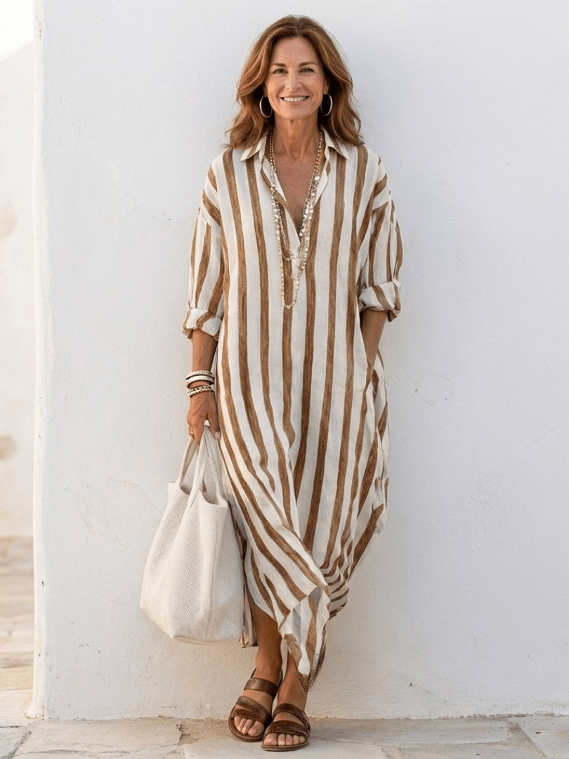 Robe femme printemps-été: modèle rayé ample et confortable, coupe chemise longue, avec poches fonctionnelles.
