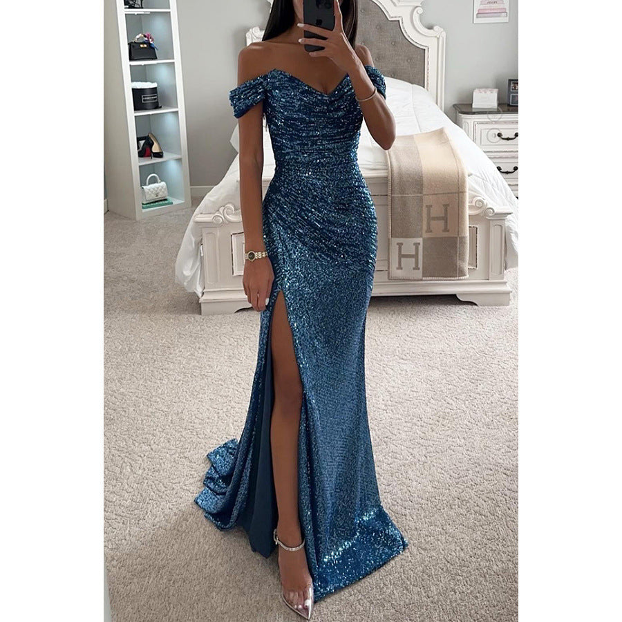 Robe de soirée femme chic avec épaules dénudées, design à paillettes scintillantes. Glamour et festive.
