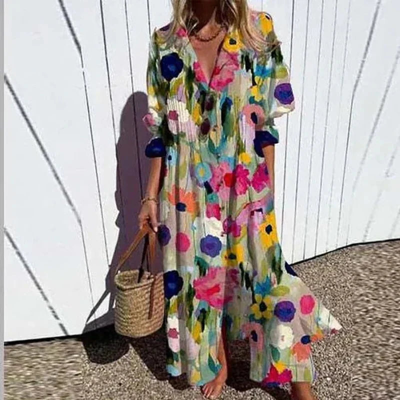 Robe femme décontractée midi à col revers et manches courtes, idéale pour un look quotidien tendance.