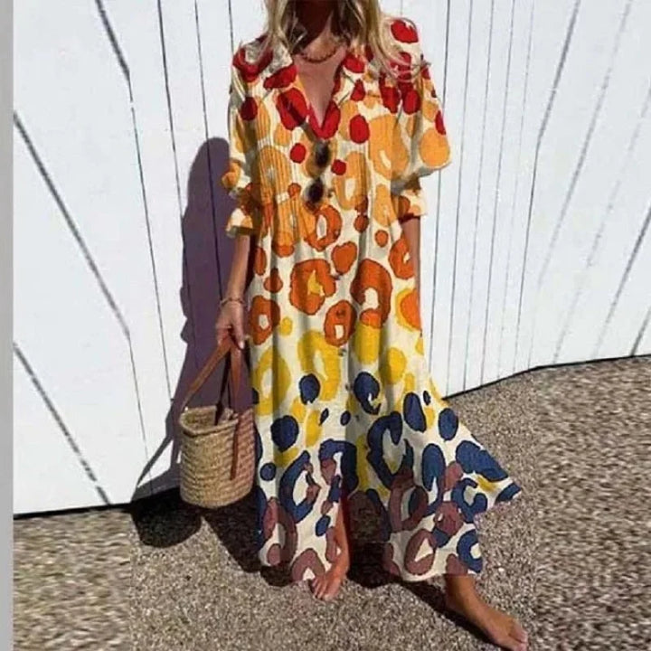 Robe d'été confortable pour femme, coupe décontractée midi avec élégant col revers et manches courtes.