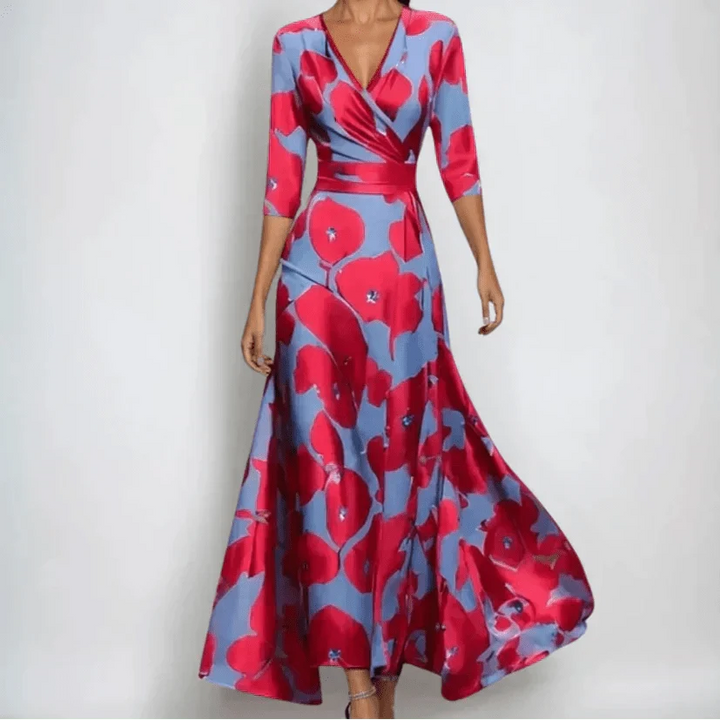Robe midi fleurie élégante pour femme, motifs printaniers. Idéale pour un style chic au quotidien ou l'été.