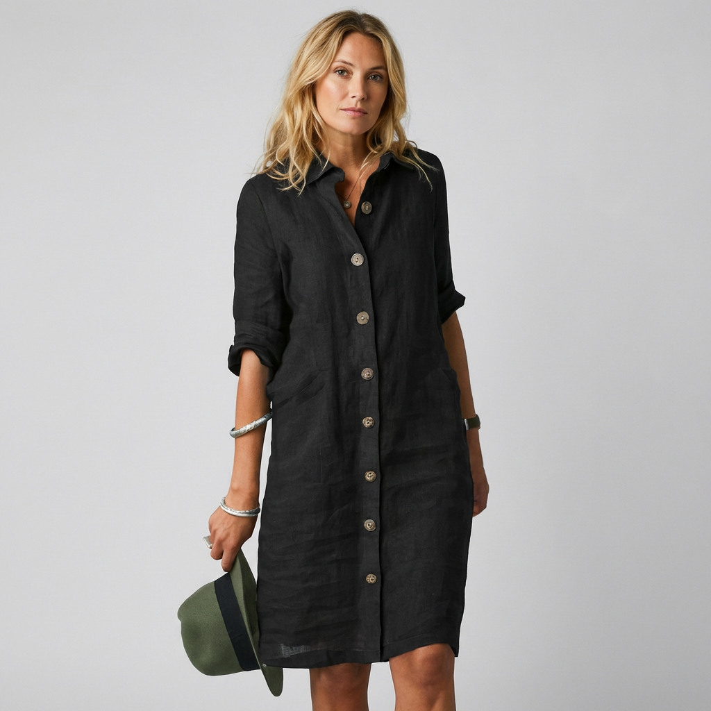 Robe chemise boutonnée femme légère, coupe midi polyvalente. Parfaite pour l'été en couleurs bleu, kaki, noir, blanc.