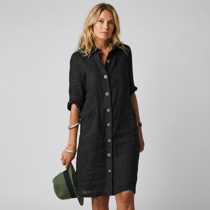 Robe chemise boutonnée femme légère, coupe midi polyvalente. Parfaite pour l'été en couleurs bleu, kaki, noir, blanc.