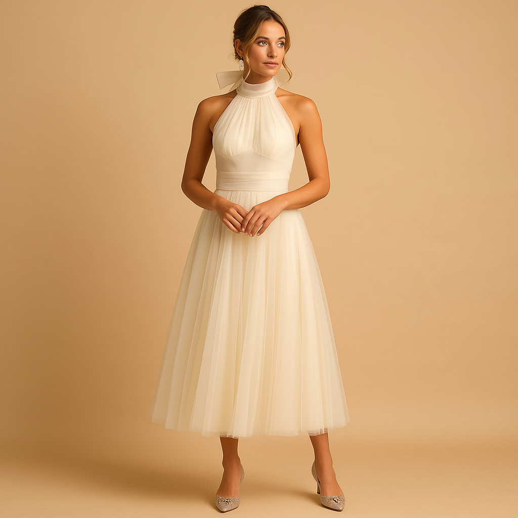 Robe de soirée femme coupe A-line avec col halter et nœud décoratif, élégante et moderne.