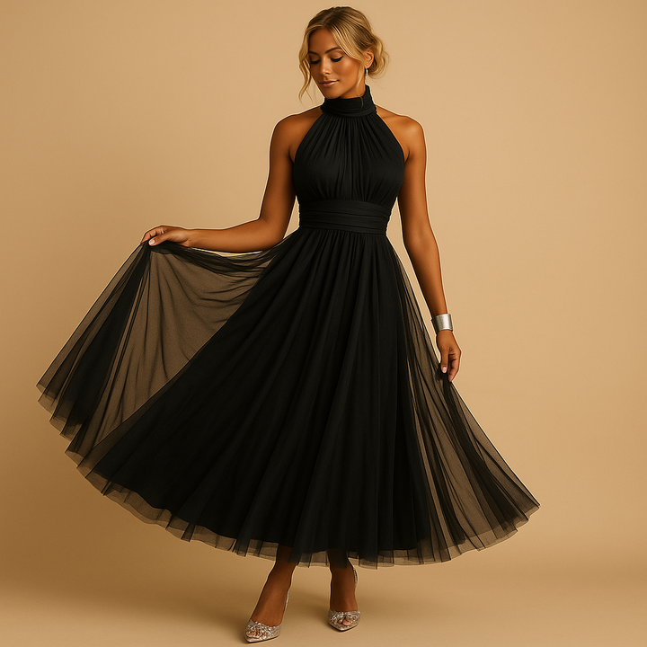 Robe cérémonie midi élégante dos ouvert avec nœud, coupe A-line, parfaite pour un gala ou mariage.