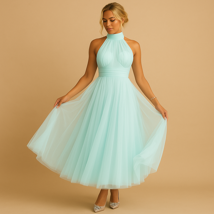 Tenue de mariage femme midi, robe de gala élégante col halter, coupe A-line, dos féminin.