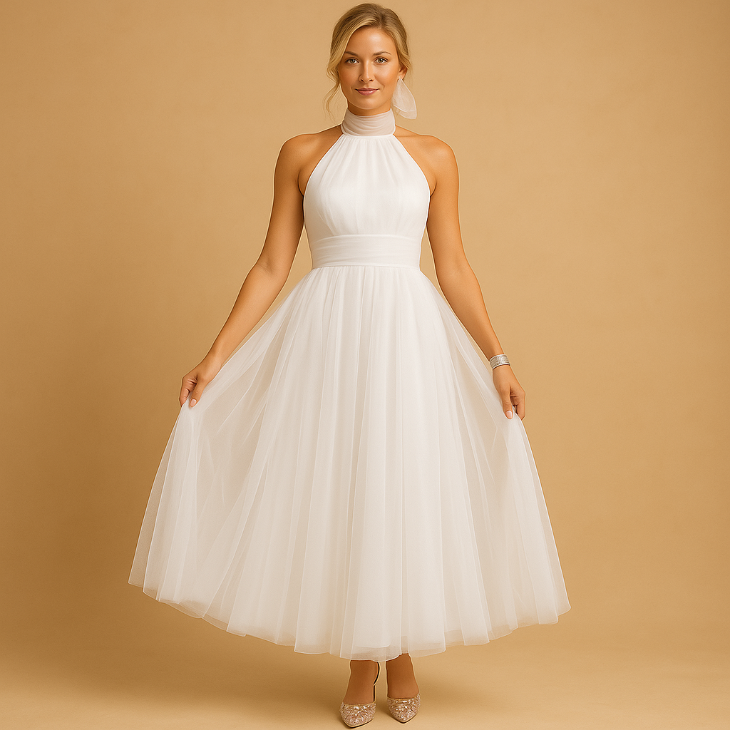 Élégante robe femme midi col halter et nœud, coupe A-line, parfaite pour une soirée ou cérémonie formelle.