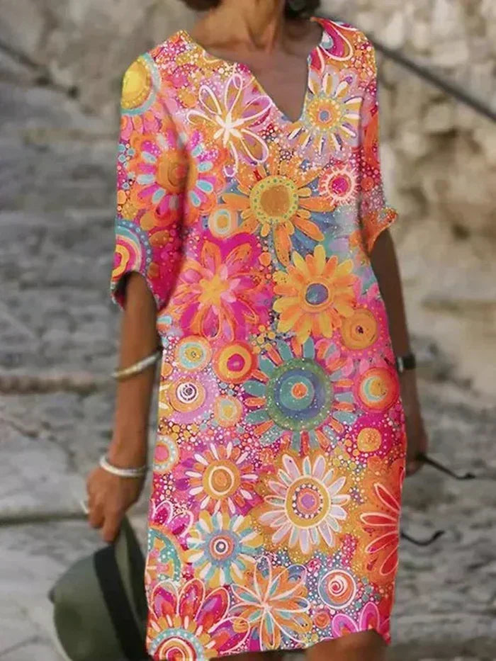Robe florale midi élégante pour femme, motifs vifs, idéale été/printemps. Confortable et chic pour toute occasion.