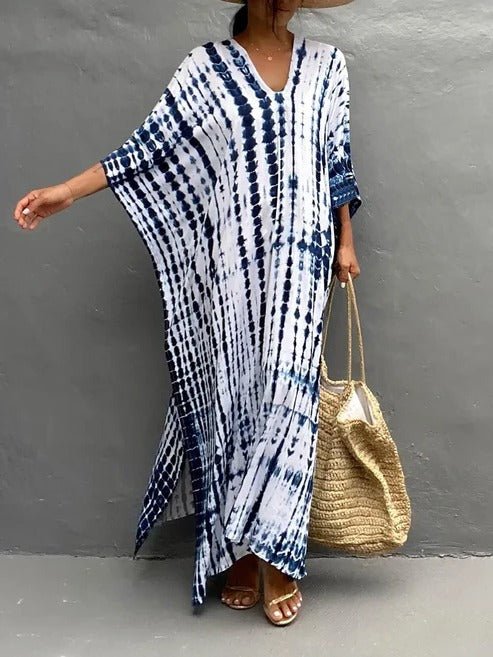 Kaftan femme fluide et bohème, robe longue d'été multicolore, grand confort garanti.