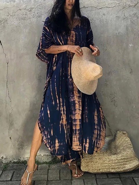 Robe d'été femme, kaftan fluide multicolore, style décontracté chic et aérien.