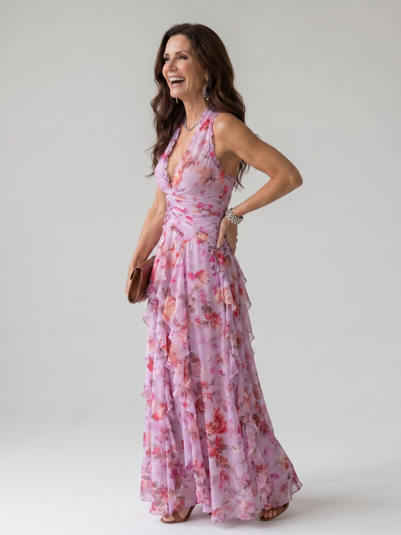 Robe longue romantique femme, col américain, imprimé floral vibrant pour cérémonie estivale.
