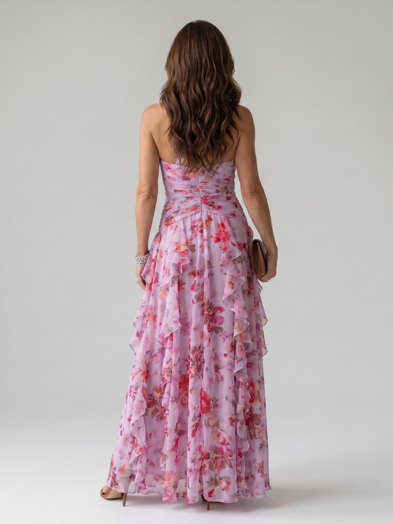 Robe longue fleurie élégante femme, col américain, idéale pour une silhouette raffinée et fluide.