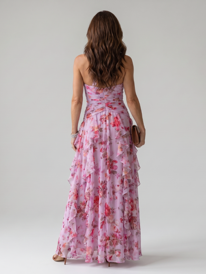 Robe longue fleurie élégante femme, col américain, idéale pour une silhouette raffinée et fluide.