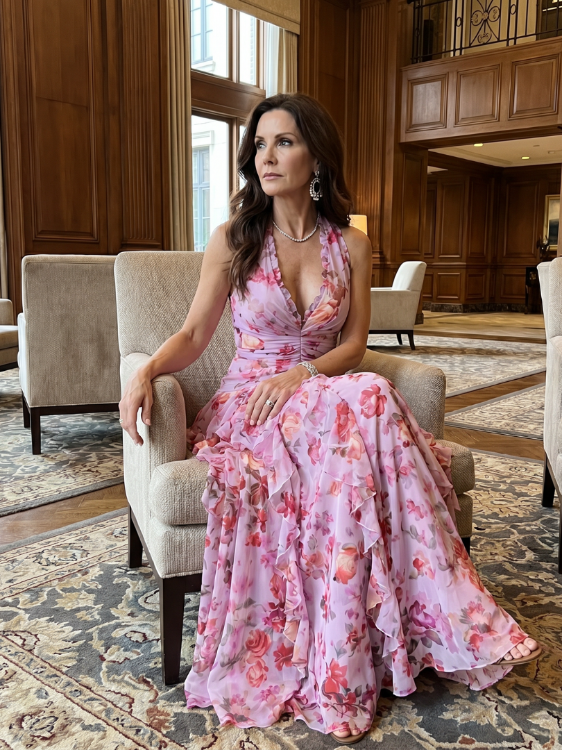 Robe longue fleurie femme à col américain, look estival et élégant pour mariage ou soirée.