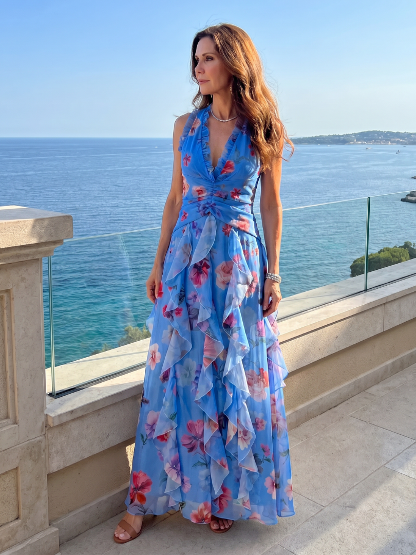 Robe longue fluide fleurie femme, col américain, coupe élégante pour occasions spéciales.