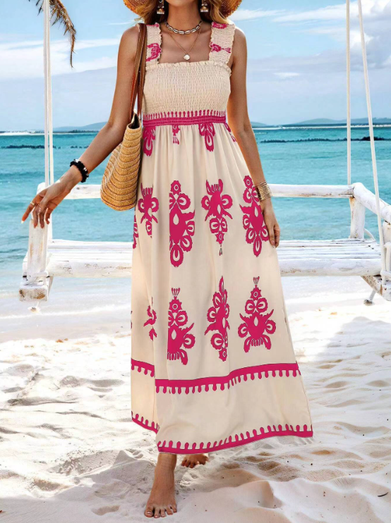 Robe longue femme smockée, style casual. Confort et élégance pour un look estival décontracté.