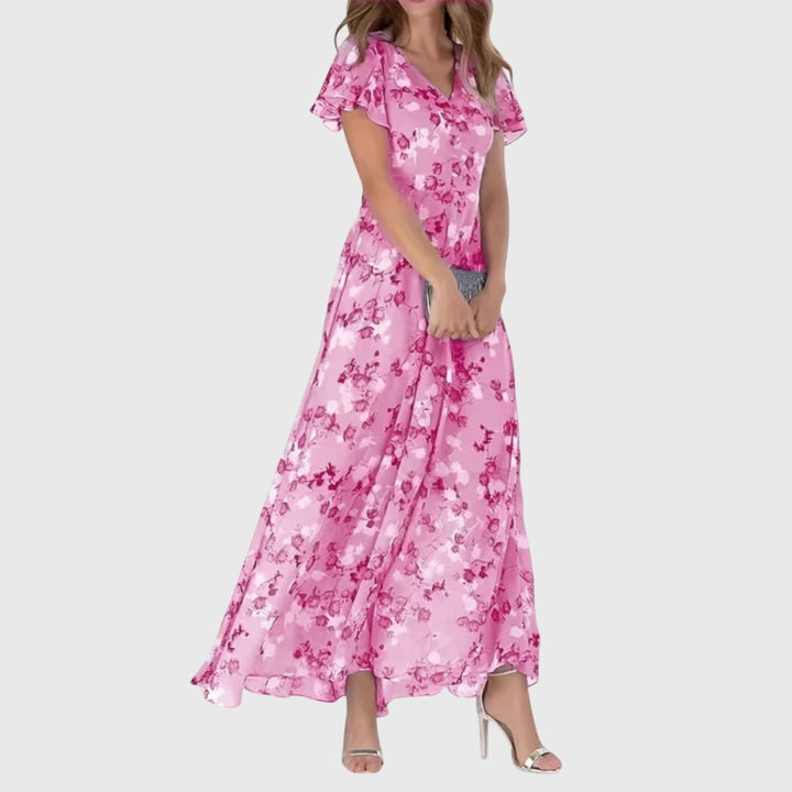 Robe d'été longue fleurie à col en V, très élégante et polyvalente pour fêtes ou sorties décontractées.