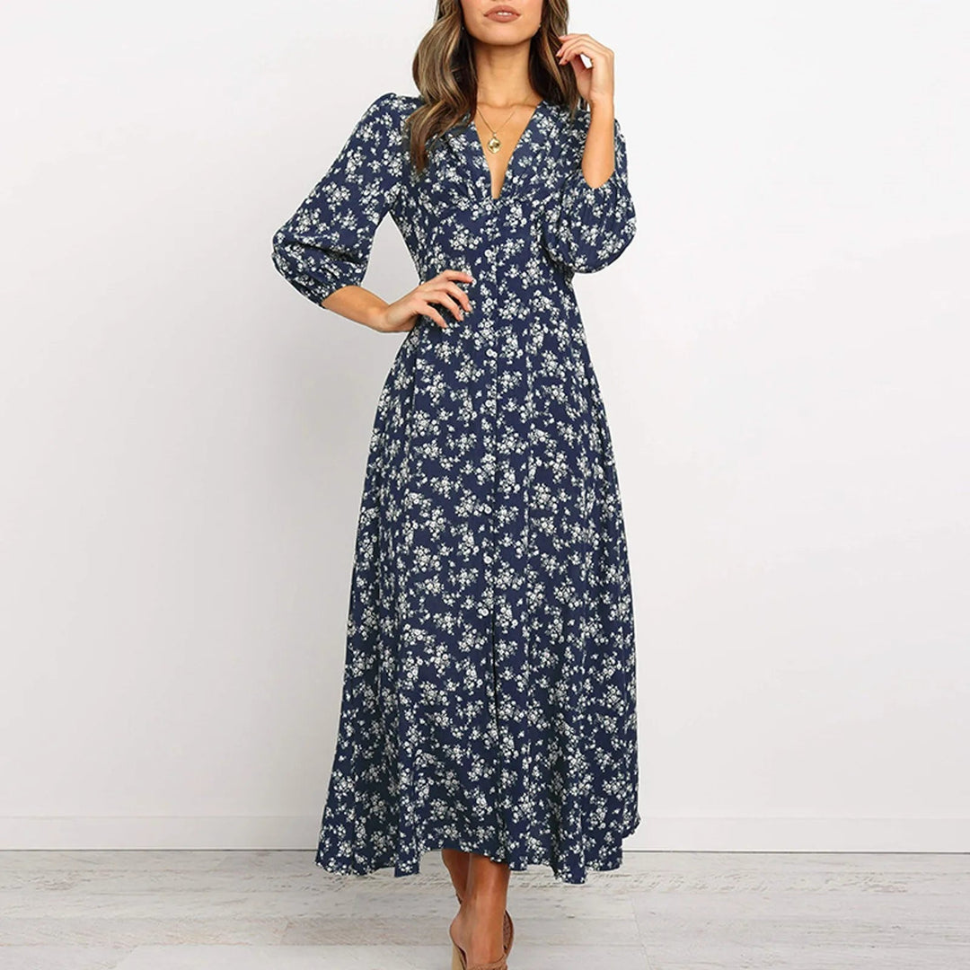 Robe longue fleurie femme, style fluide pour jour et soir. Élégante et décontractée avec col V.