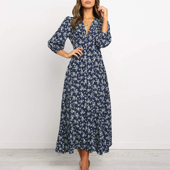 Robe longue fleurie femme, style fluide pour jour et soir. Élégante et décontractée avec col V.
