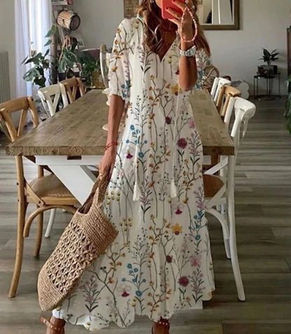 Robe d'été longue femme, motifs géométriques audacieux, manches lanternes, col V, bohème.
