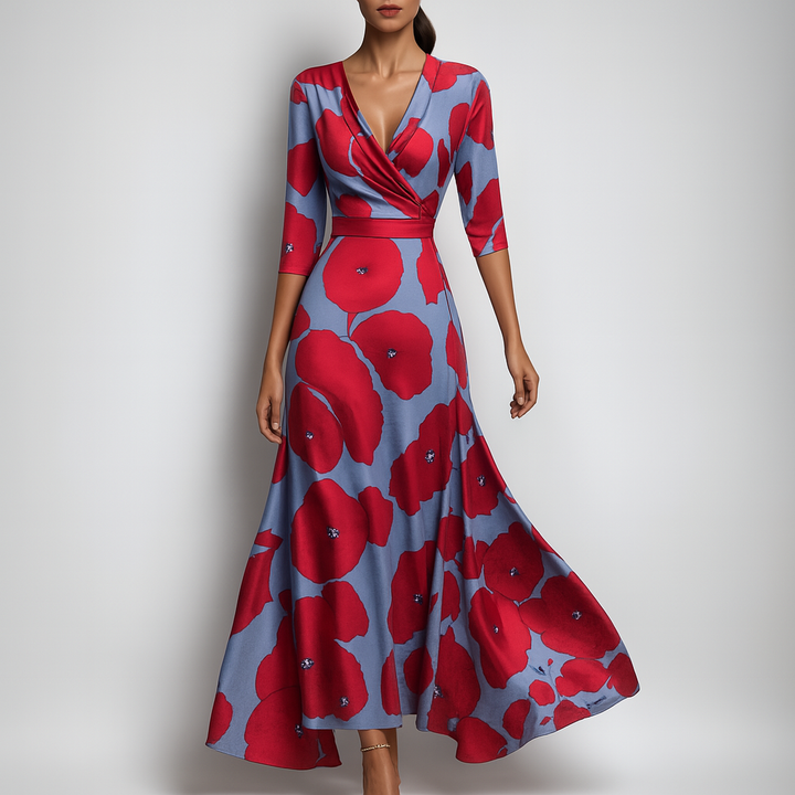 Robe longue bohème fluide femme, col V, idéale pour l'été décontracté ou les vacances.