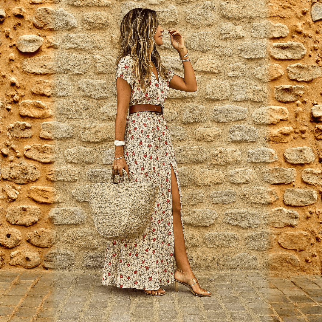 Robe longue bohème fleurie pour femmes, style midi élégant avec ceinture. Parfaite pour l'été décontracté.