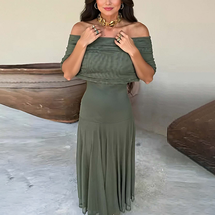 Robe femme longue, drapée asymétrique, fluide, élégante, idéale pour soirées et cérémonies chic.