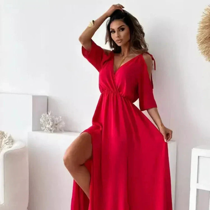 Magnifique robe longue femme à épaules dénudées, idéale pour un mariage, une soirée ou un cocktail chic.