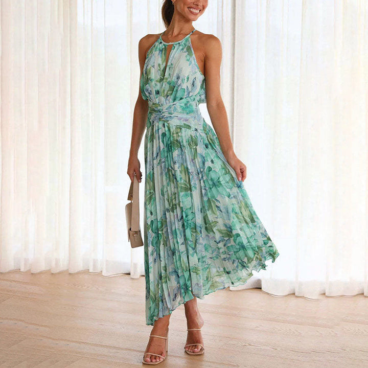 Robe longue fleurie femme, vert, élégante et fluide pour l'été ou une soirée chic. Style décontracté.