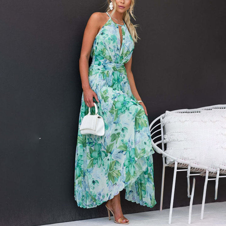 Robe longue fleurie verte légère pour femme, parfaite pour l'été, les vacances ou une soirée décontractée.