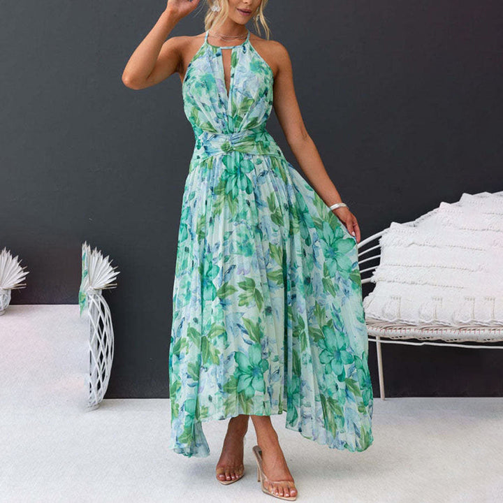 Robe longue verte à motifs floraux pour femme, coupe maxi élégante et fluide, parfaite pour l'été chic.