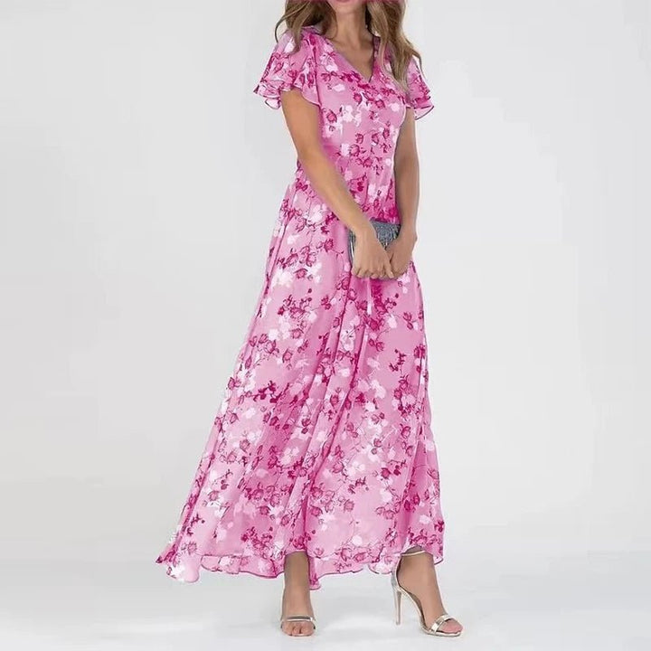 Robe midi fleurie pour femme, manches courtes et col V. Confort et style estival pour la mode féminine.