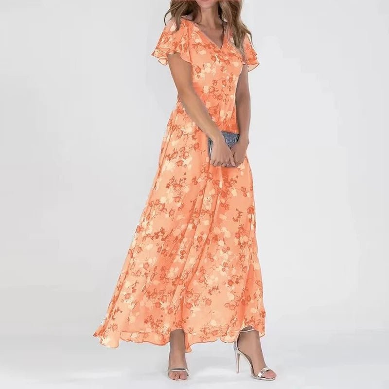 Robe longue midi fleurie pour femme avec col V et manches courtes, idéale pour un style estival élégant.