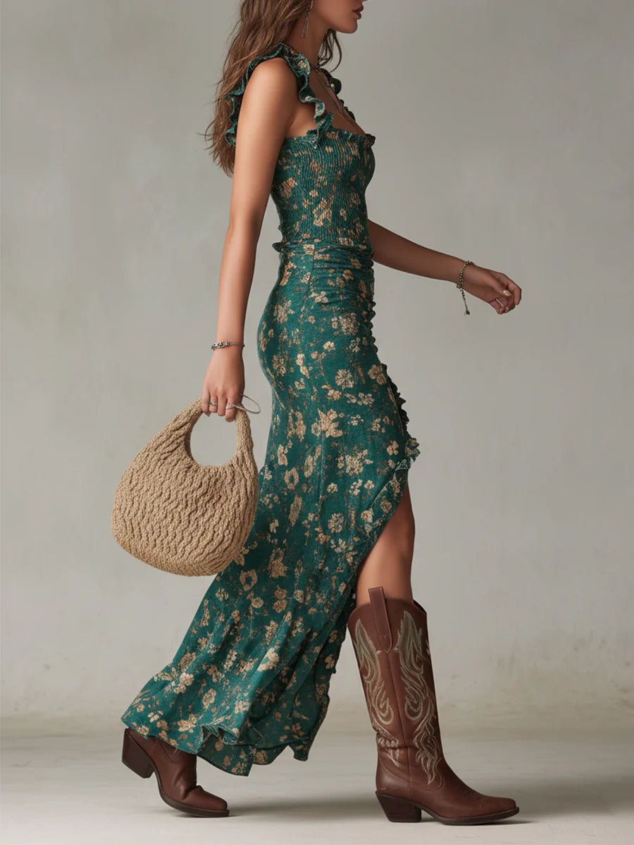 Élégante robe d'été longue à fleurs, froncée, pour femme. Tenue bohème féminine, idéale pour le printemps.