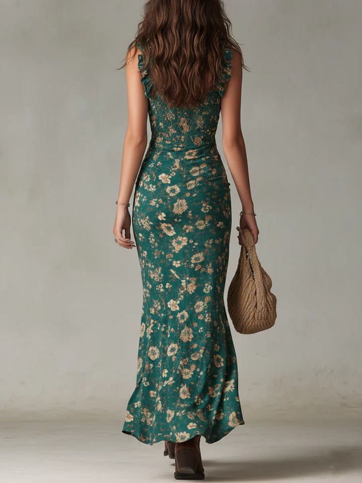Magnifique robe longue fleurie verte, coupe froncée. Look bohème chic et féminin pour femme, parfaite été/printemps.