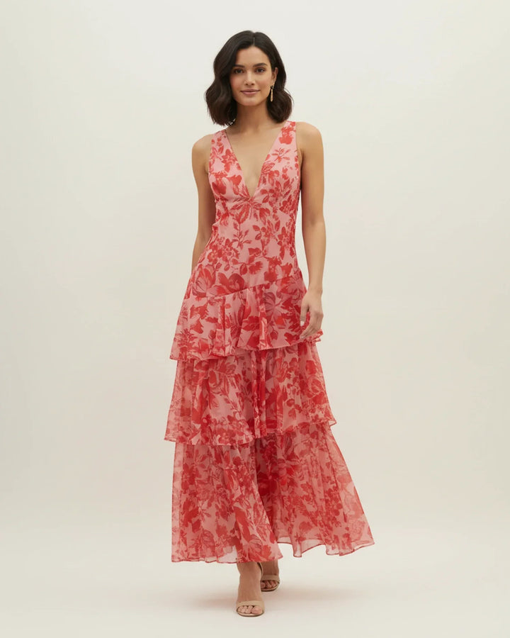 Robe longue fluide à motifs fleuris pour femme, idéale pour l'été, la décontraction ou une cérémonie.